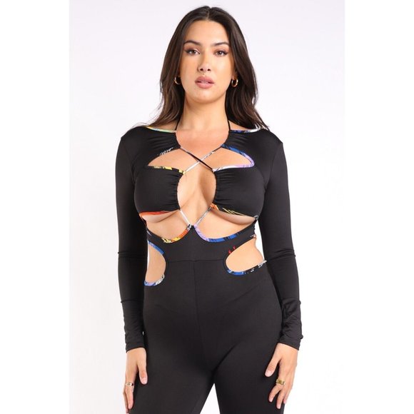 Women's Sexy Bodycon Rainbow Binding Detailed Cut Out Jumpsuit Black S M L - Picture 6 of 11